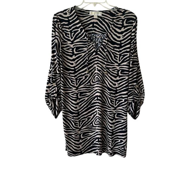 Michael Kors Sheath Dress Roll Tab Sleeves Zebra Print Black Cream Womens Medium - Picture 1 of 14